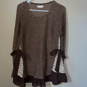 A'Reve Brown Textured Tunic with Bow Details boho hippie shirt top size S